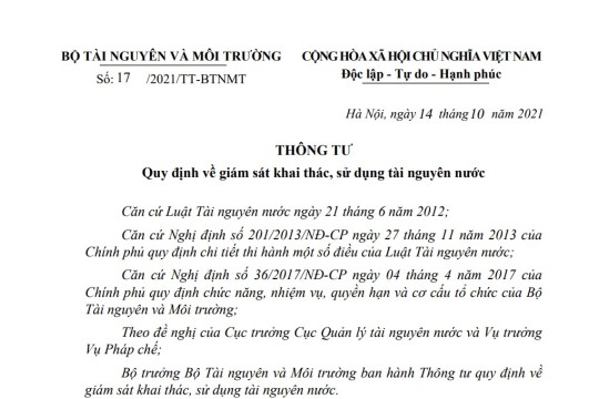 QUY ĐỊNH LẮP ĐẶT TRẠM QUAN TRẮC NƯỚC NGẦM  TỰ ĐỘNG ĐÁP ỨNG THÔNG TƯ 17/2021/TT-BTNMT